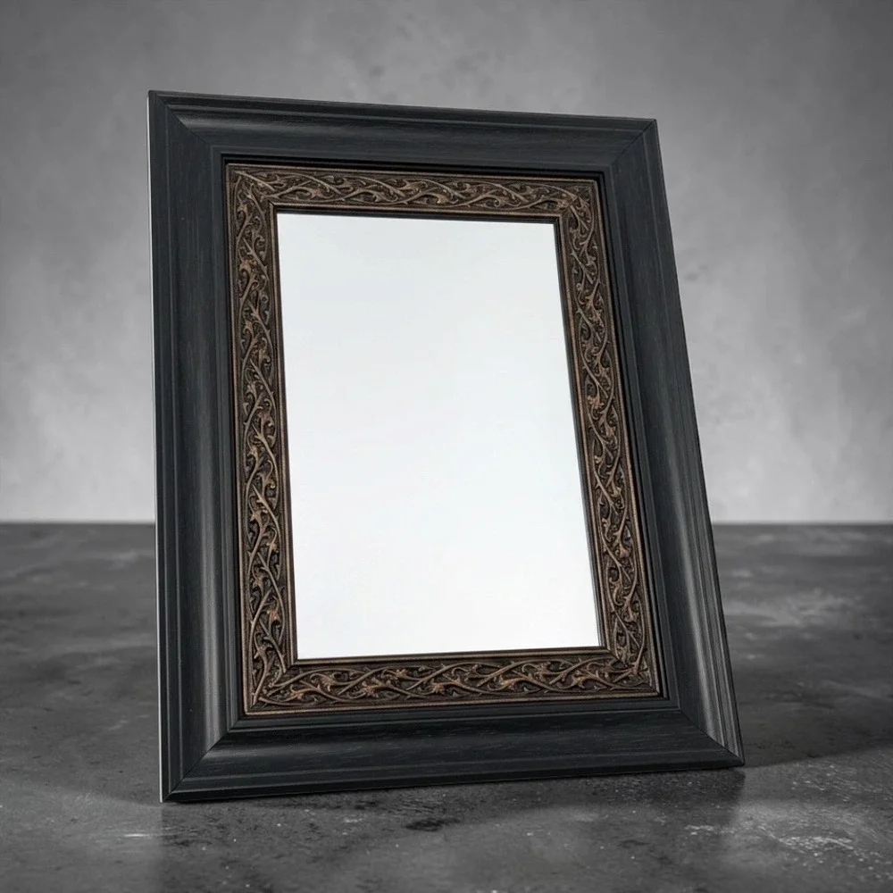 Ornate Black and Bronze Filigree Wall Mirror 12.5x15.5 Rectangular Vintage Style